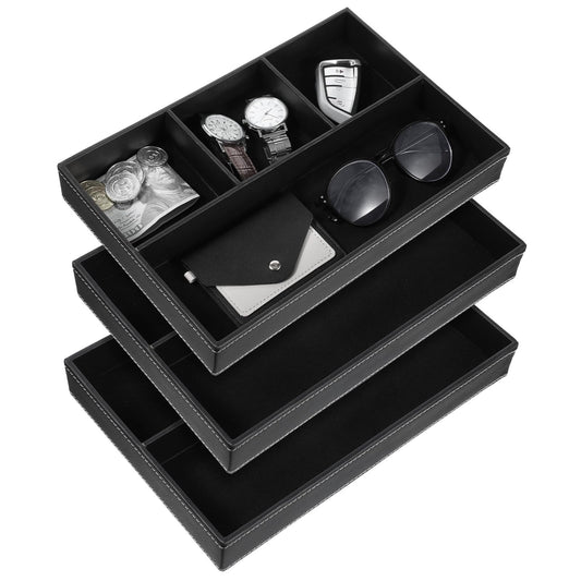 Giloaou 3 Pieces Faux Leather Valet Tray Set, Stackable Jewelry Organizer with Soft Lining, Dresser Storage Box for Nightstand, Key, Wallet, Watch, Phone, Sunglass, Coin, Black