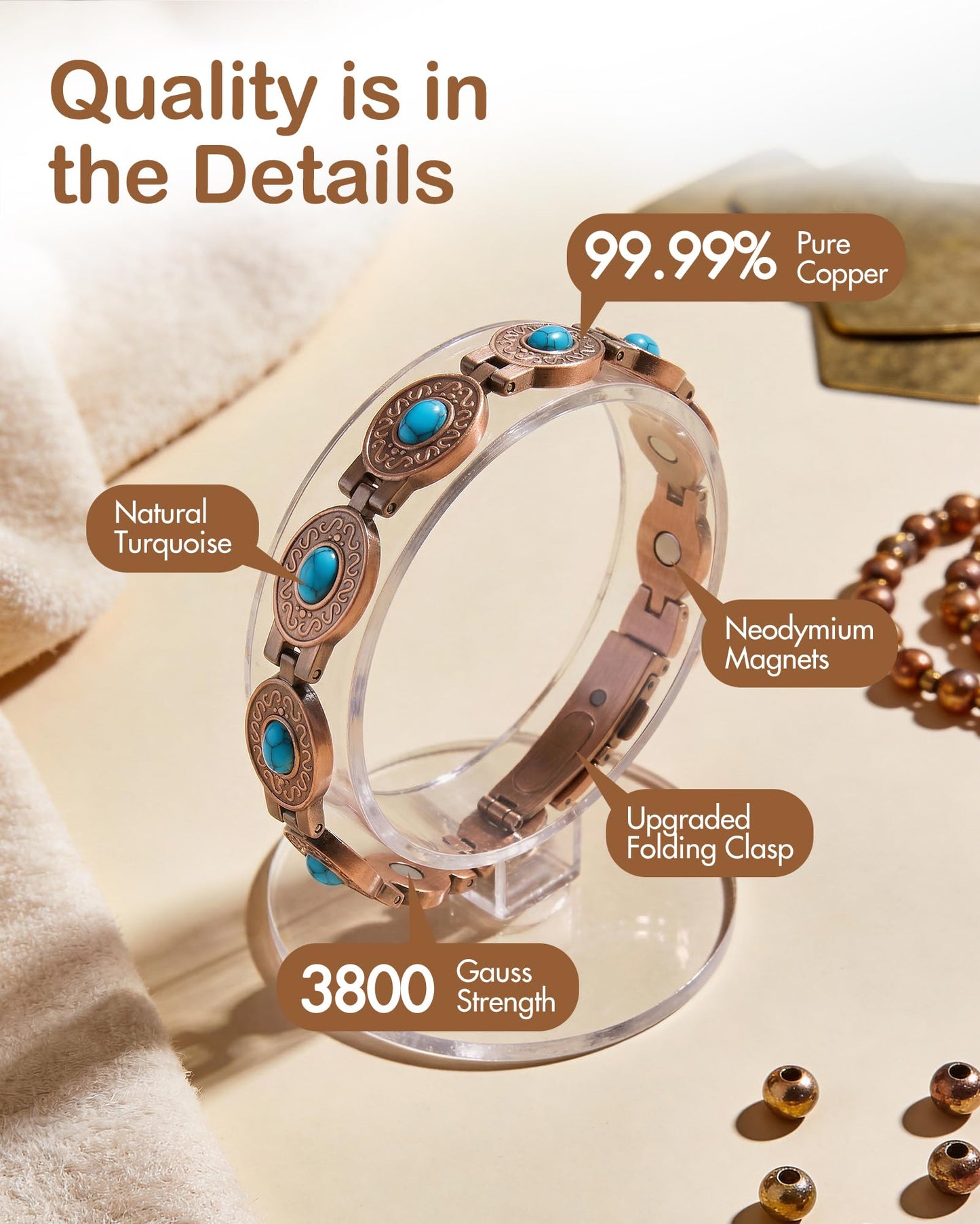 Feraco 99.99% Pure Copper Bracelets for Women, Ultra Strength Magnetic Bracelet with 3800 Gauss Magnets & Natural Turquois, Adjustable Jewelry Gift