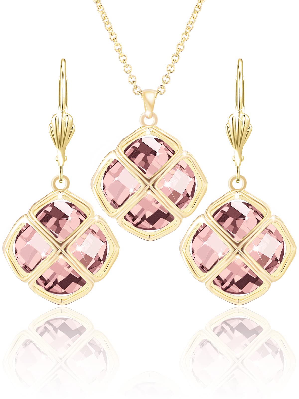 Qinpan 14MM Crystal Pendant Dangle Necklace Earrings Sets for Women Glod Plated Costume Jewelry, 38*17.8mm, Yellow Gold, Rose Quartz