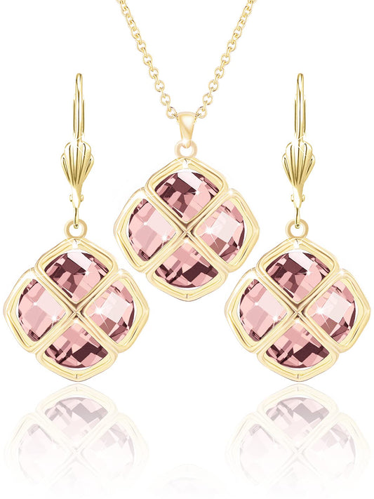 Qinpan 14MM Crystal Pendant Dangle Necklace Earrings Sets for Women Glod Plated Costume Jewelry, 38*17.8mm, Yellow Gold, Rose Quartz