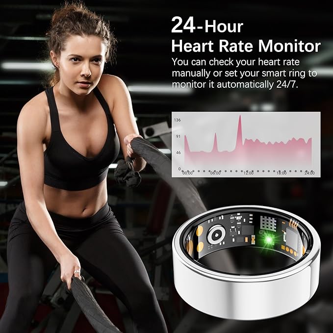 Ring Health Tracker for Women Men, Fit Ring with Heart Rate, Blood Oxygen, Sleep Monitor, Calories, Step Counter, IP68 Waterproof Smart Ring for iPhone & Android, No Subscription Fee (Silver, 13#)