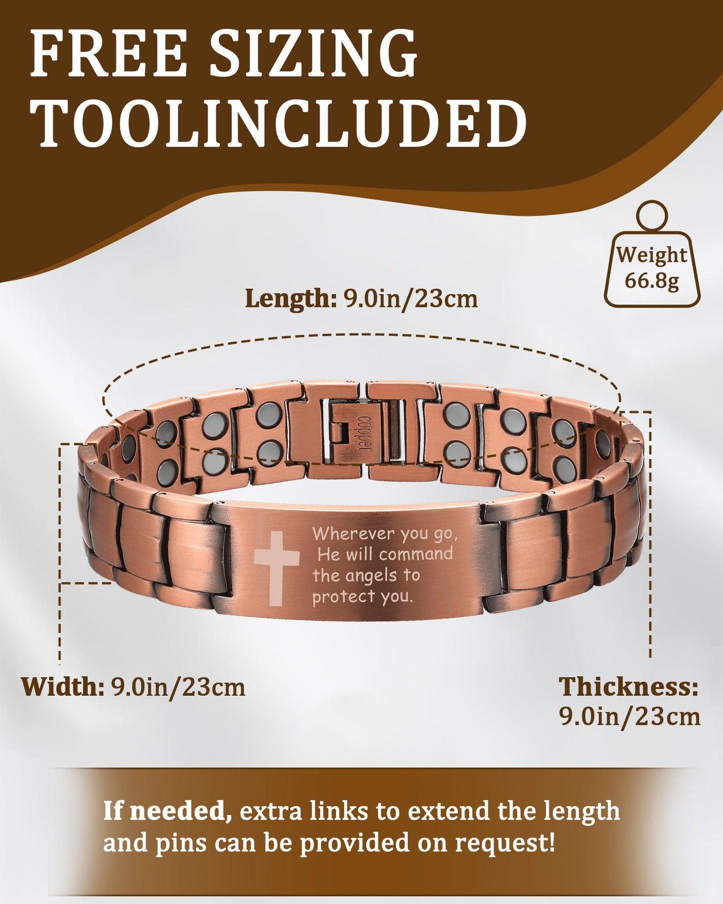 MagEnergy Copper Bracelet for Men, Christian Magnetic Bracelet with Ultra Strength Magnets, Adjustable Copper Biblical Cross Bracelet, Jewelry Gift(Sizing Tool)