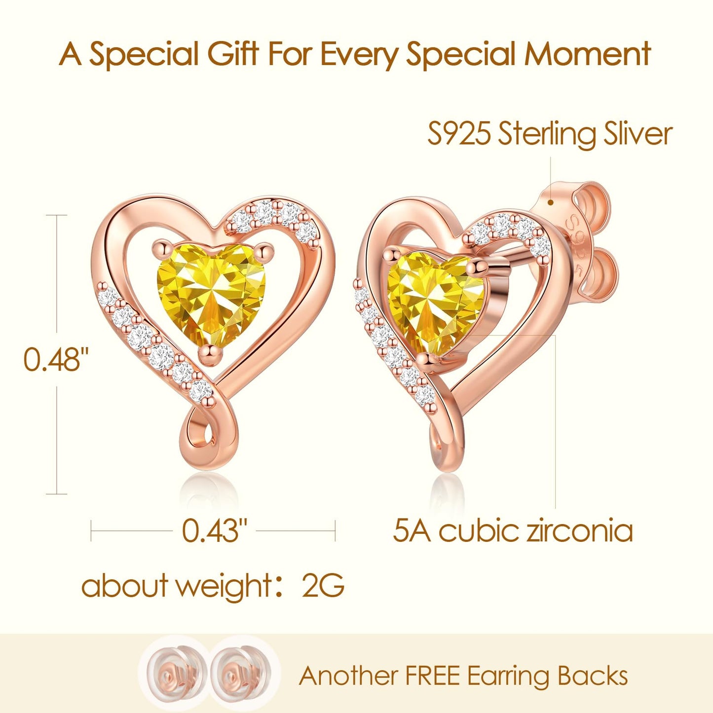 Zifeel Earrings for Women, Rose Gold Birthstone Heart Studs Earring for Girlfriend Wife, Anniversary Birthday Christmas Valentines Mothers Day Gifts Jewelry for Women Wife Her Mom