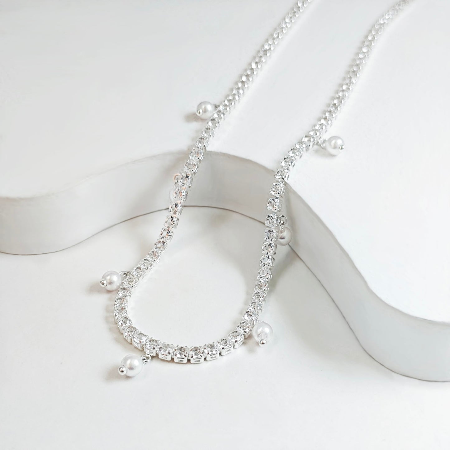 LULII Tennis Necklaces for Women Silver Rhinestone Choker Pearl Charm Necklace Dainty Cubic Zirconia Diamond Chain for Women Silver Jewelry Gift