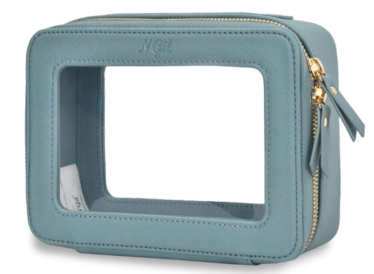 NGIL Clear Faux Leather Travel Toiletry Bag, Makeup Bag Organizer for Women, Clear Window & Gold Zipper Makeup Bag, Road Trip Essential, Skincare, Cruise Ship Essentials (Blue)