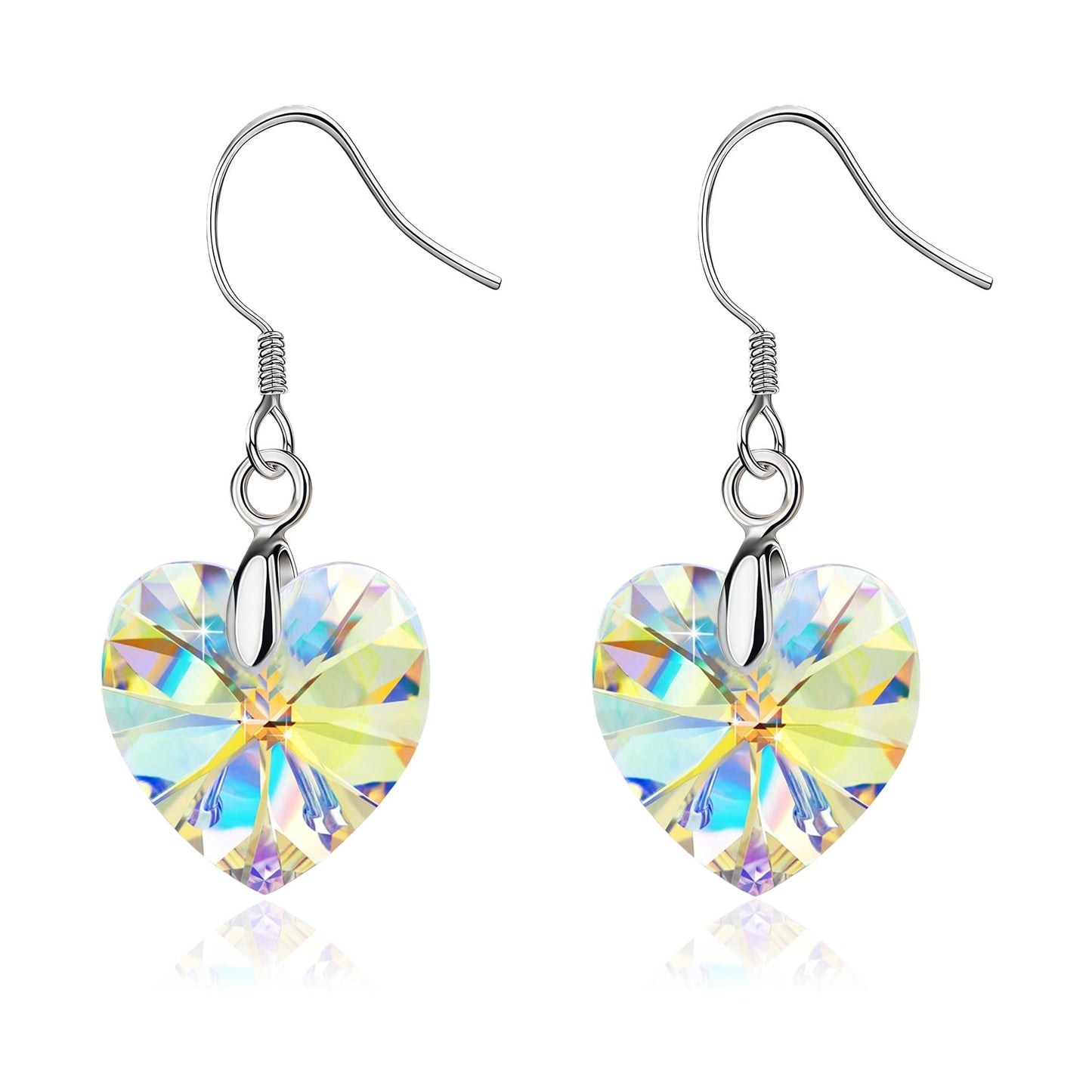 Austrian Crystal Heart Drop Dangle Earrings for Women 925 Sterling Silver Hook Hypoallergenic Earring (Aurora Borealis)
