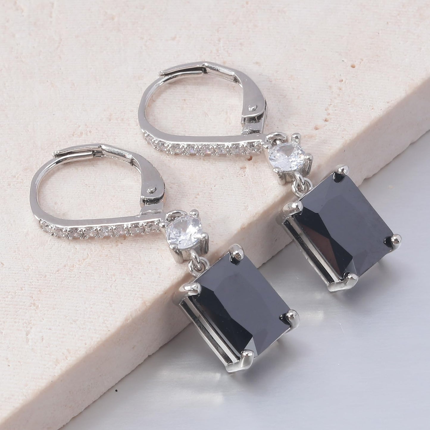 CiNily Leverback Earrings for Women Rectangular-cut Drop Dangle Earrings Hypoallergenic, 14K White Gold Plated Black Cubic Zircon Earrings Diamond Dangle Earrings Jewelry for Sensitive Ear