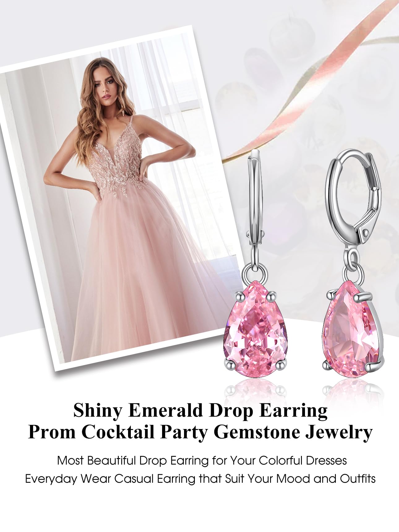 Bestyle Silver Pink Tourmaline Drop Earrings | Hypoallergenic Silver Huggie Hoop Leverback Earrings | Small Sparkle Teardrop October Birthstone Dangle Earrings For Women