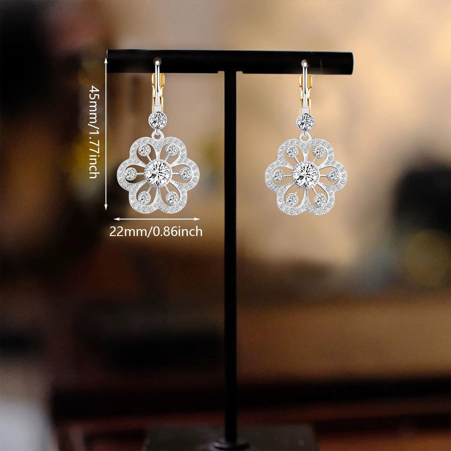JNONL Vintage Silver Sparkly Crystal Camellia Flower Leverback Earrings Rhinestone Snowflake Round Dangle Drop Earrings for Women (Silver 5)