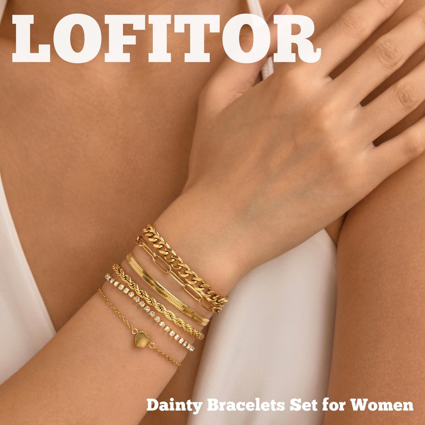 LOFITOR Gold Bracelets for Women Dainty Non Tarnish Link Chain Bracelets Set for Women Trendy Adjustable Chunky Thin Bracelets Stack Layered With Cuff Beaded Cuban Rope CZ Heart Cross Jewelry Gifts Heart