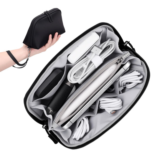 FYY Travel Cable Organizer - 8 Compartments Lightweight Water Resistant Tech Pouch with Wrist Strap, Portable Electronic Accessories Case for Cord Charger Storage for Travel Home Office, Black (Small)