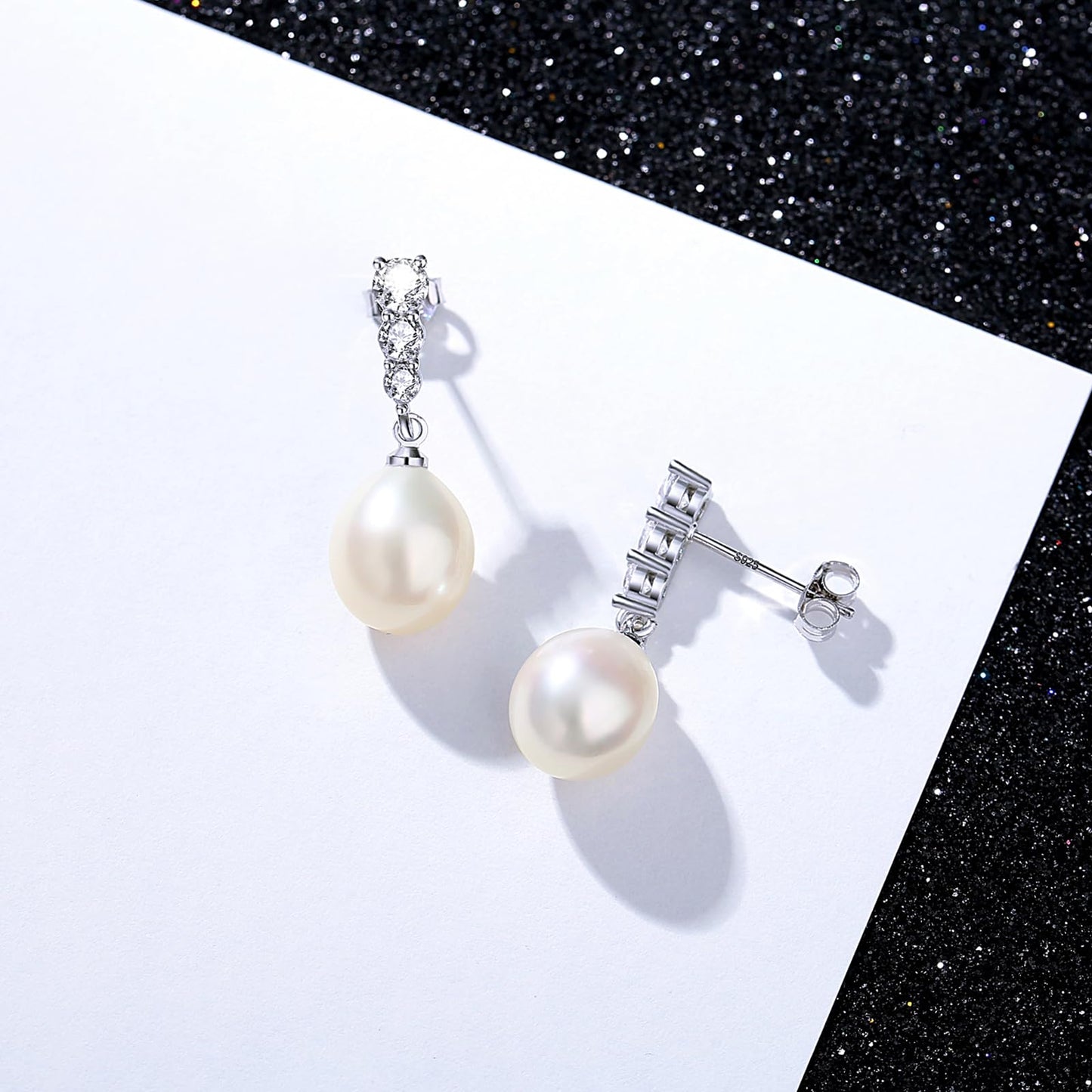 BAMIKI Pearl Necklace and Earrings Set, Freshwater Cultured Pearl Jewelry Set in 925 Sterling Silver with CZ - Elegance for Wife, Mom, Girlfriend on Anniversary, Mother's Day, or Birthday