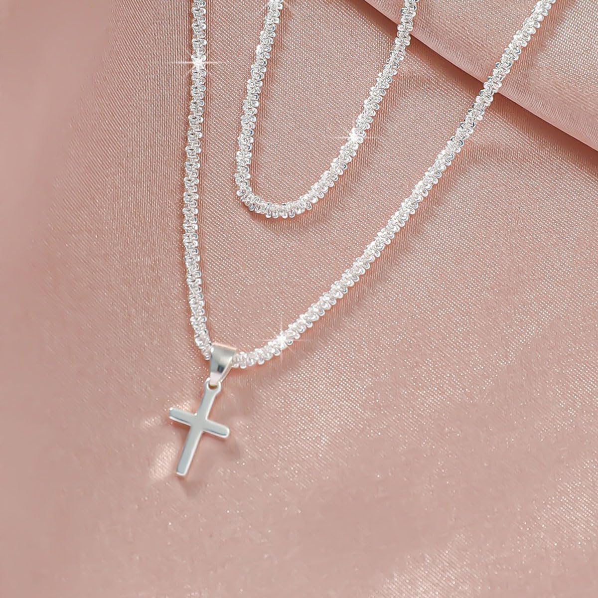 B-JWYFY Layered 925 Sterling Siver Cross Charm Pendant Necklace Set for Women Bling Double Layer Rope Chain Choker Layering Necklace Set for Wedding and Any Romantic Occasion