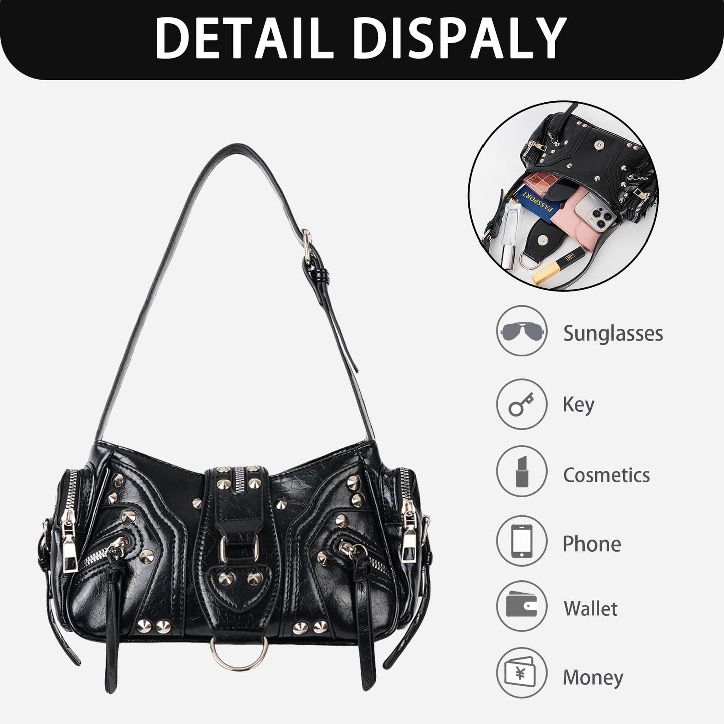 Aulenge Y2k Shoulder Bag for Women Small Studded Black Purse Y2k Mini Purse for Women Shoulder Bag Trendy PU Leather Goth Purses Punk Grunge Accessories Handbag