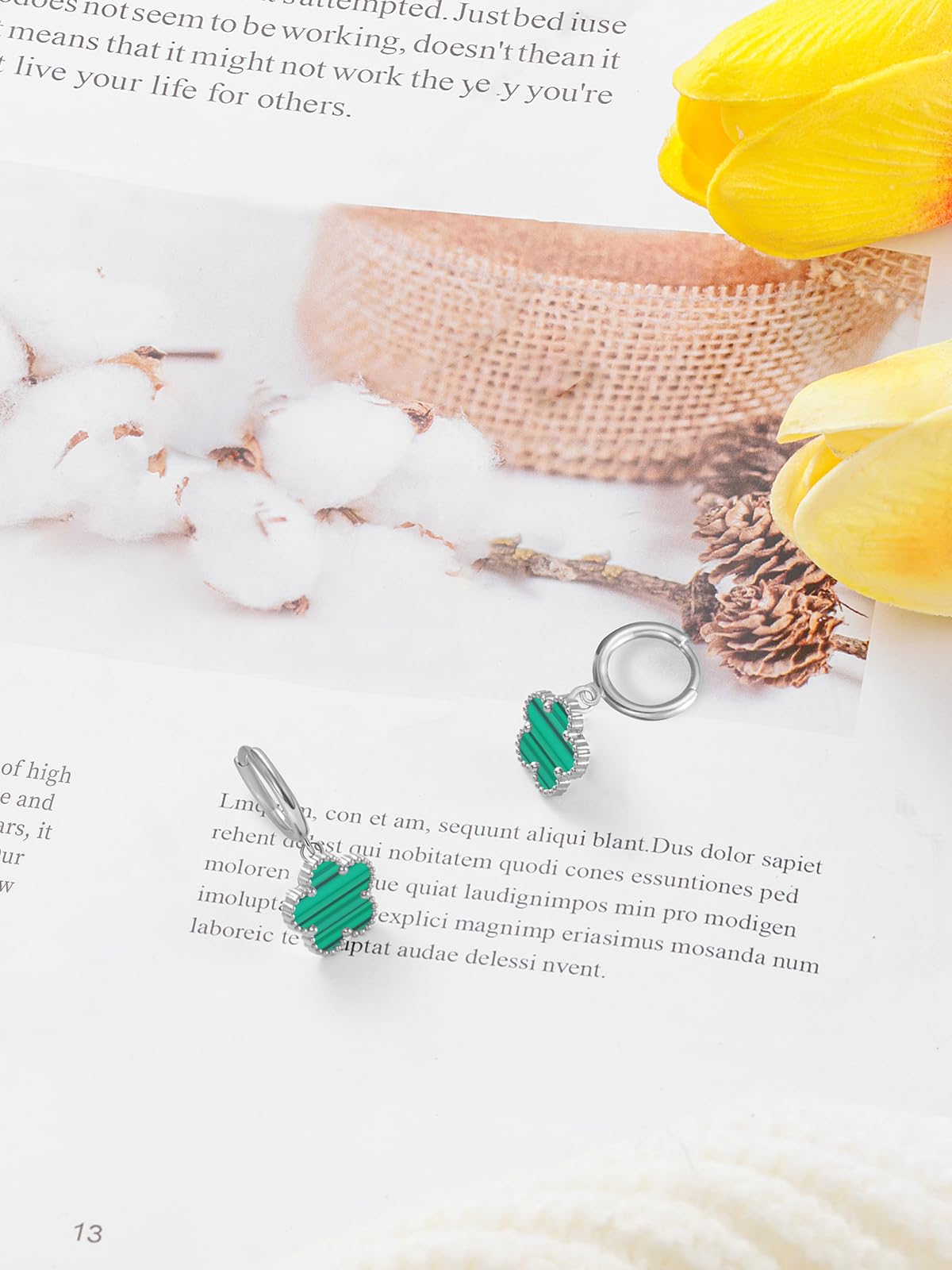 Gold Plated Five Leaf Clover Dangle Earrings for Women Lucky Flower Jewelry (Green Stripe-White Gold Plated)