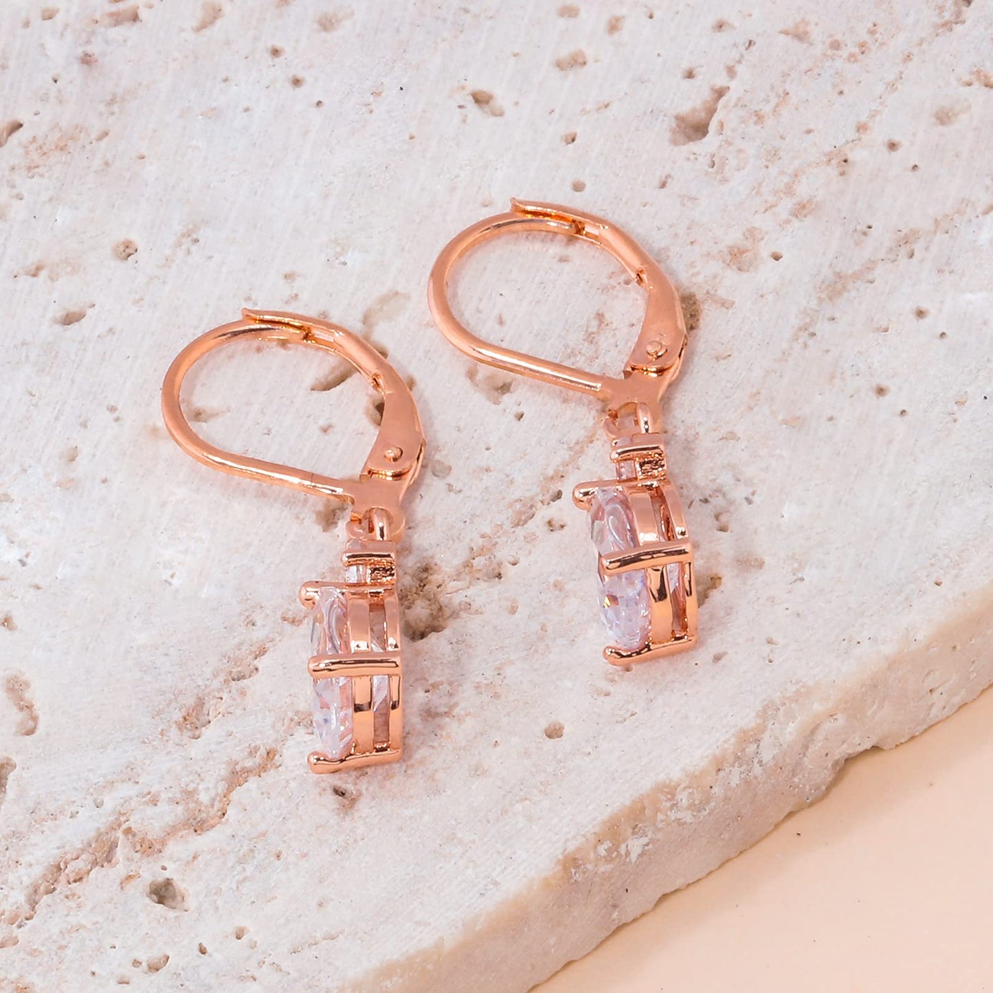 CiNily Leverback Dangle Earrings for Women 14K Rose Gold Plated Drop Earrings White Cubic Zircon Fashion Teardrop Hoop Earrings Hypoallergenic Jewelry for Her
