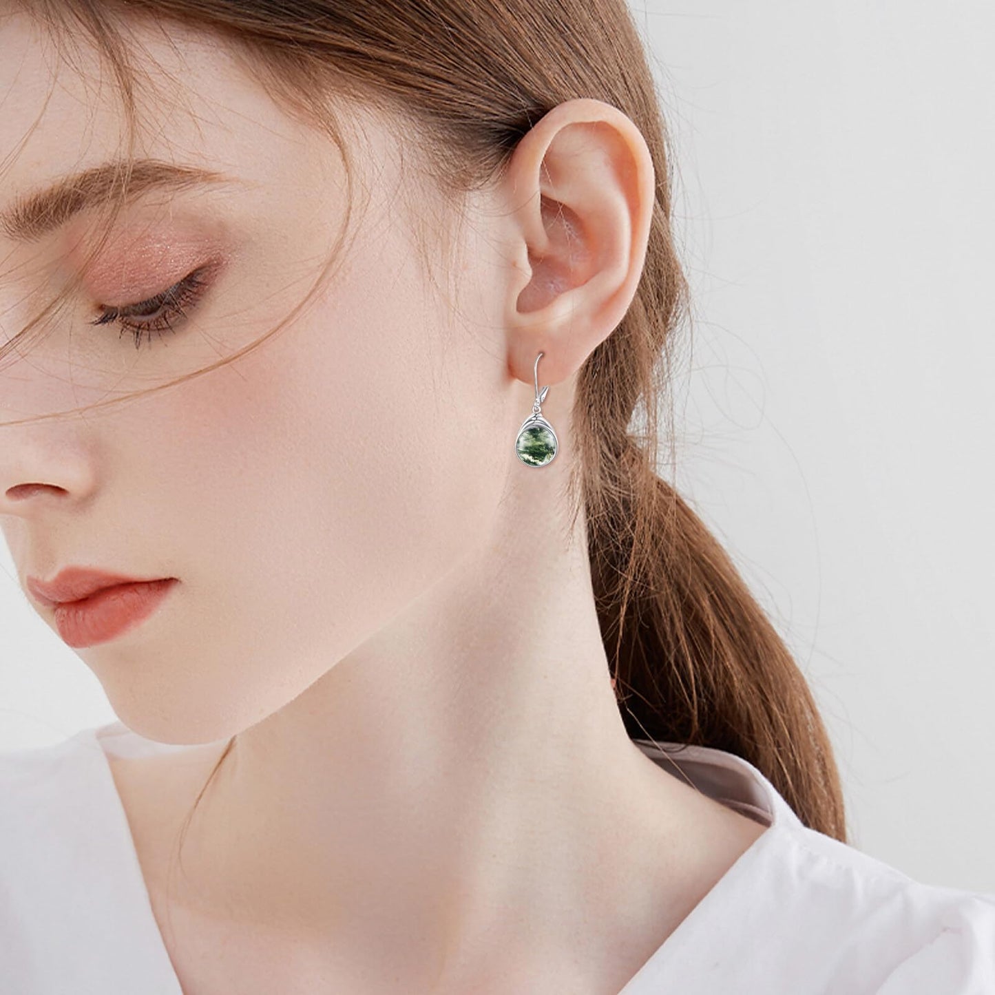 POPLYKE Moss Agate Earrings for Women Sterling Silver Round Moss Agate Leverback Earrings Dangle Earrings Jewelry