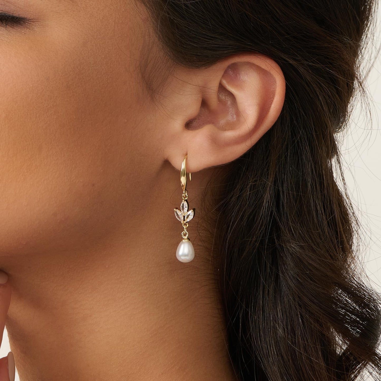 PRTGL Pearl Earrings: 14k Gold-plated Cubic Zirconia Accented Pearl Dangle Wedding Engagement Earrings For Women Bridal Bridesmaid Fish Hook