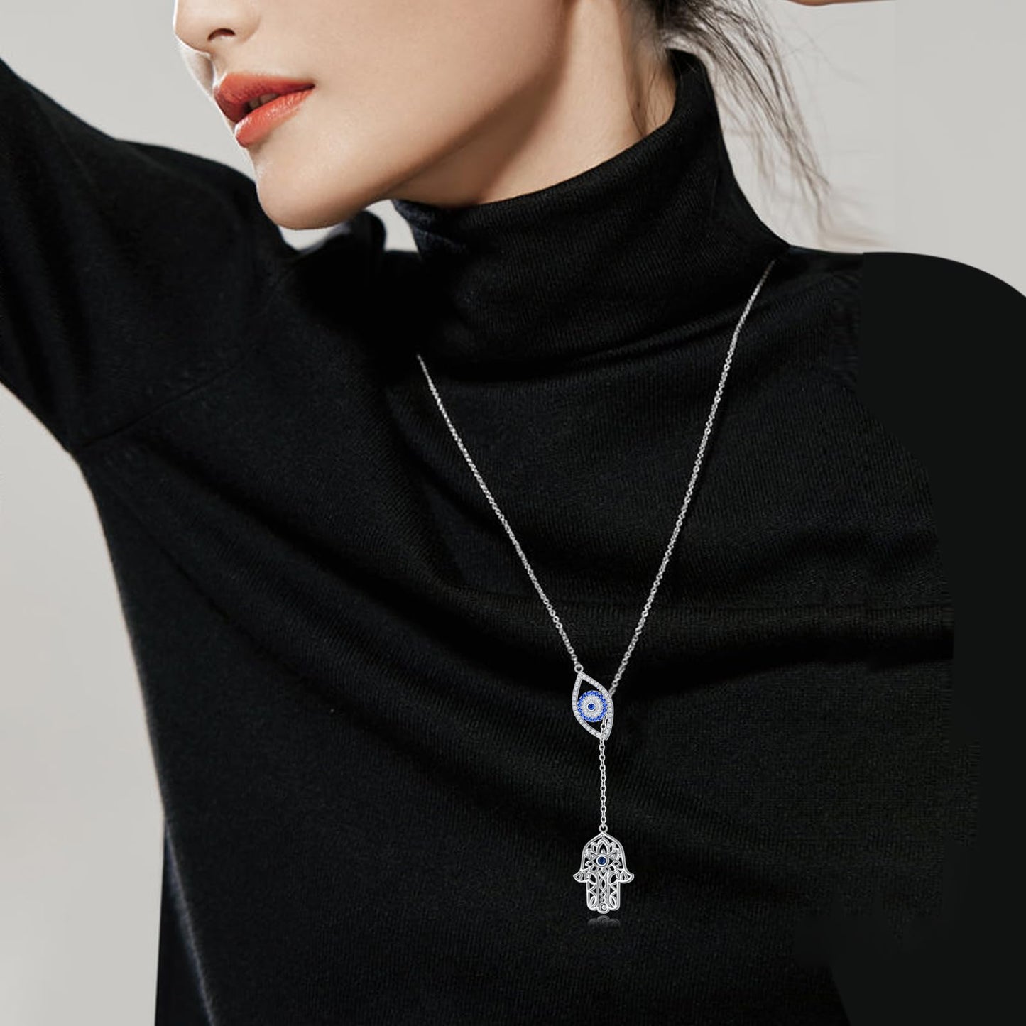 DAOCHONG Evil Eye Hamsa Hand Necklace 925 Sterling Silver Long Necklaces for Women Trendy Lariat Y Shaped Cubic Zirconia Pendant Necklaces Fashion Jewelry for Women Gift