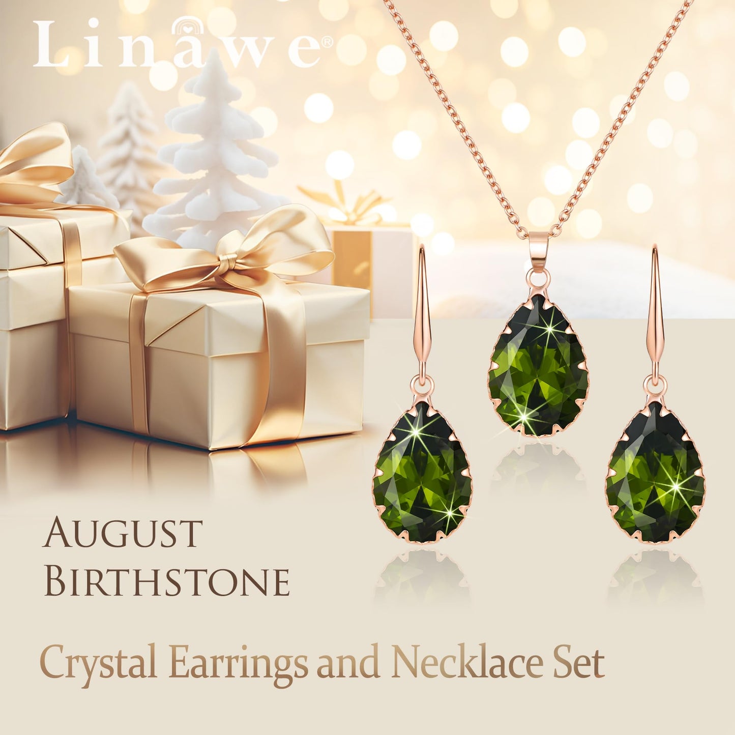 Linawe Tear Drop Earrings Jewelry Sets for Women, Fake Imitation Diamond Pendant Necklace, Birthstone Crystal Cubic Zirconia Dangle Earrings Set, Rose Gold Rhinestone Costume Jewelry Set