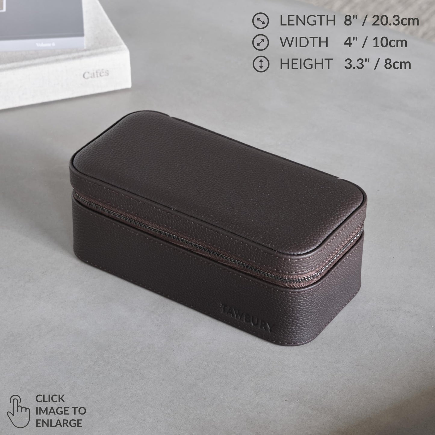 TAWBURY Watch Case - 3 Slot Genuine Top-Grain Leather Watch Travel Case for Men & Women with Metal Zipper and Extra Wide Pillows for Large Watches (Brown)