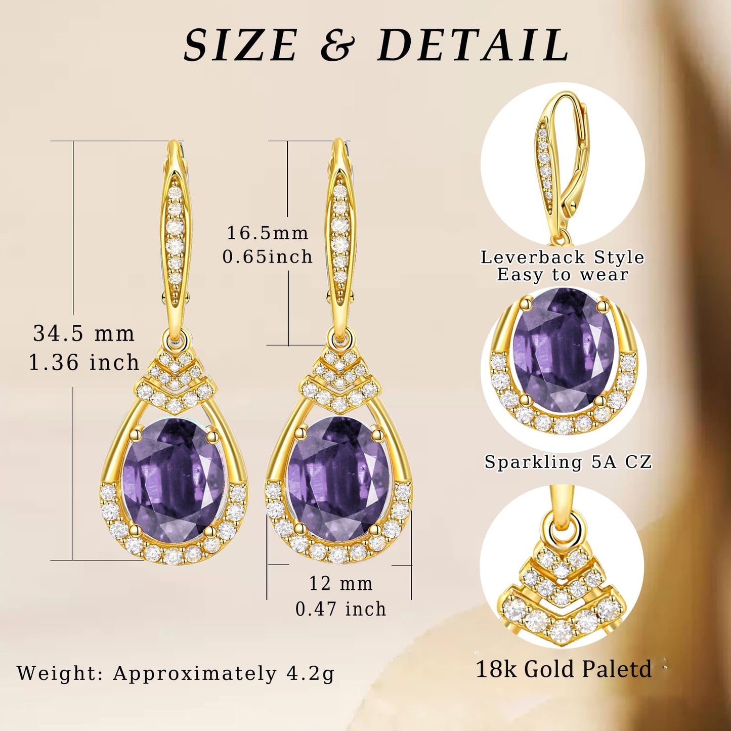 Purple Alexandrite Earrings Sterling Silver Teardrop Dangle Earrings June Birthstone 18K Gold Plated Leverback Drop Earring for Mom Lady Sparkling Wedding Jewelry Gifts for Bride Party Birthday Christmas