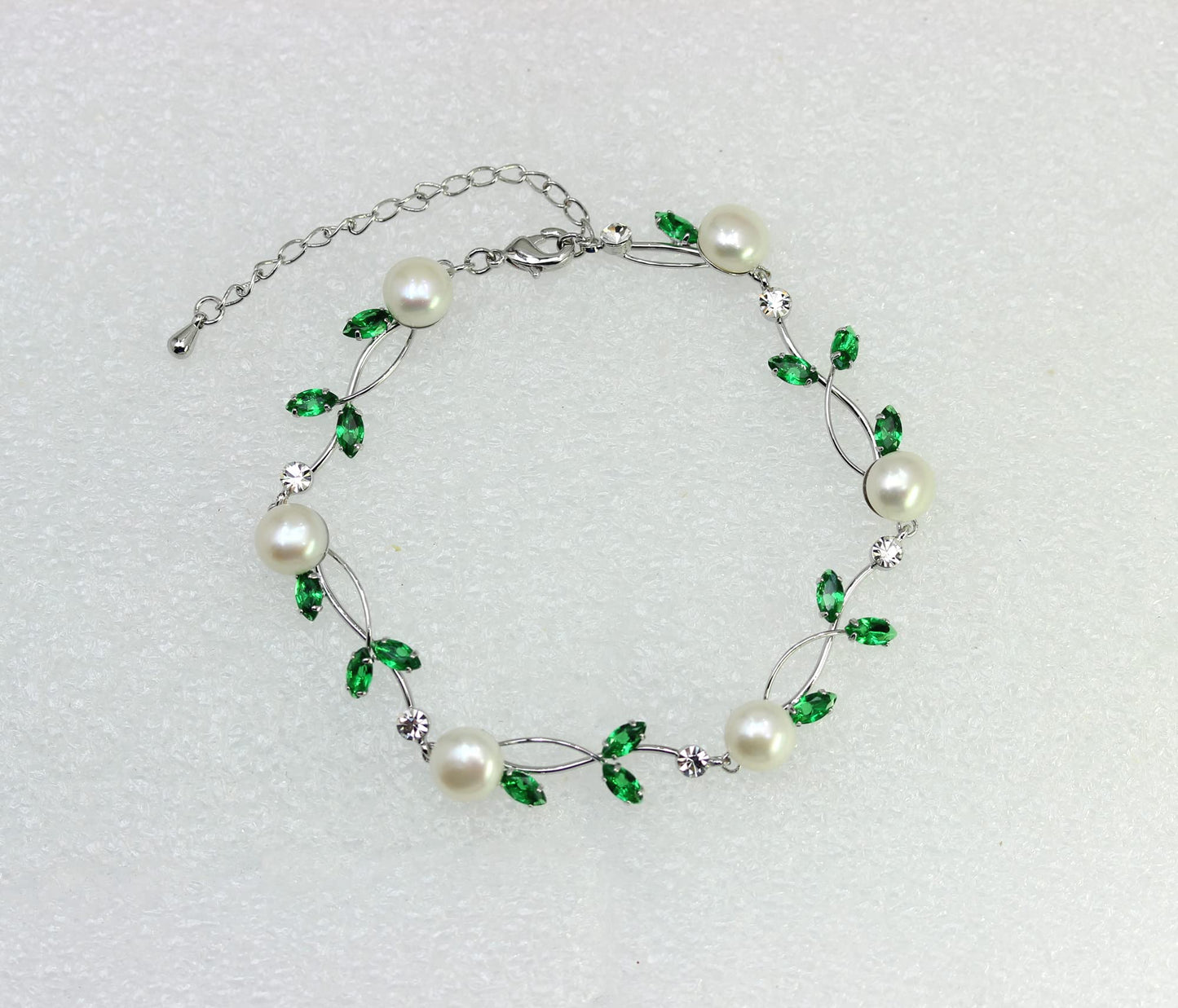 Faship Green CZ Crystal Genuine Freshwater Pearls Floral Bracelet 7.5" - 9.5" - Green/Matching Bracelet