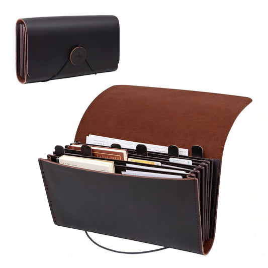 Genuine Leather A6 Receipt Organizer, Leather Expanding Accordion File Folder, 7 Pockets Expanding Bill Receipt Holder for Receipts,Invoices,Coupons,Cards, 7.8X4.3 Inches