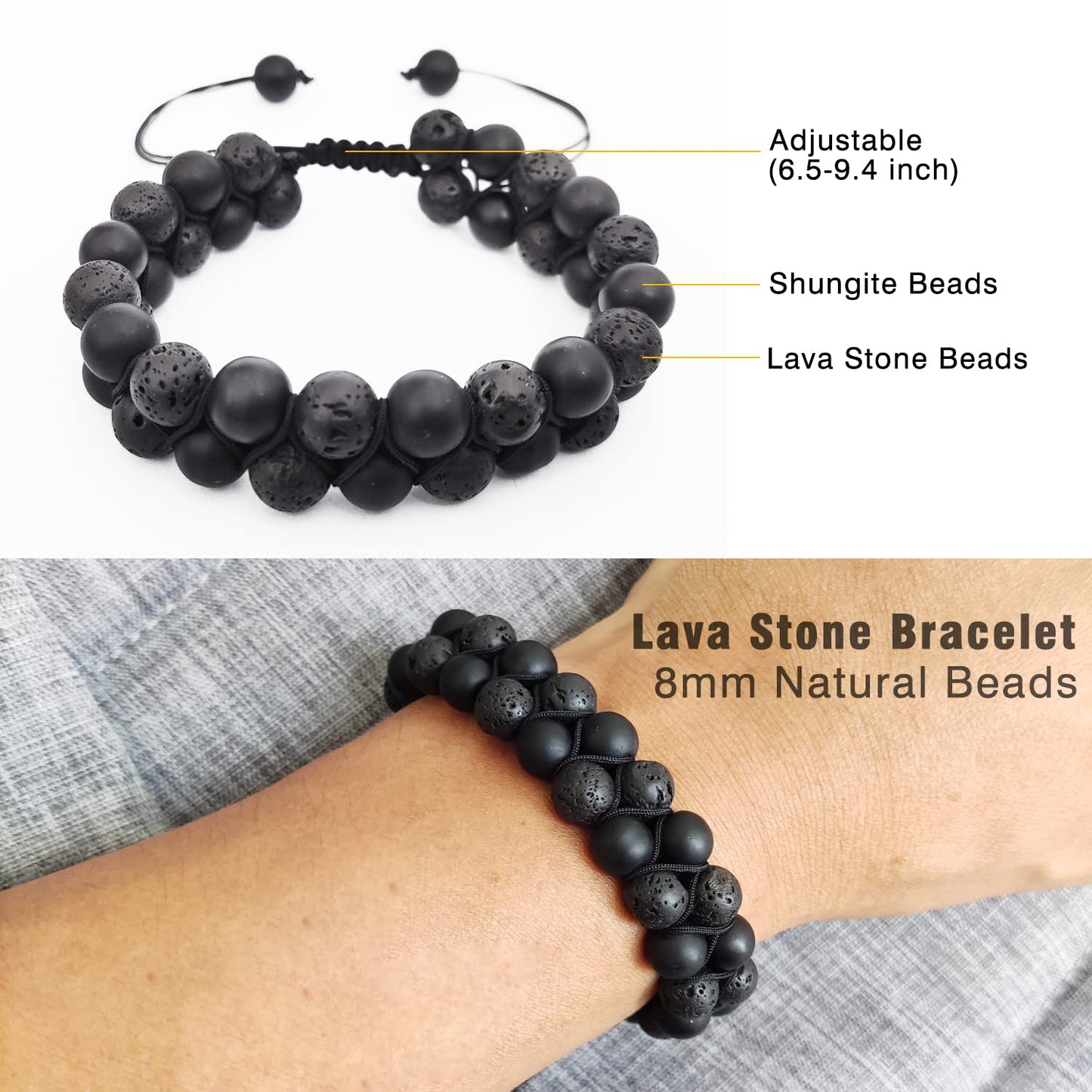 Necklace Pendant and Bracelet and Sticker (3 in 1 SET), Pendant - Metal Frame Protection, Bracelet - Two Layers of Beads, Sticker - Shungite Protection, Reduce Anxiety, Relieve Stress, for Women/Men