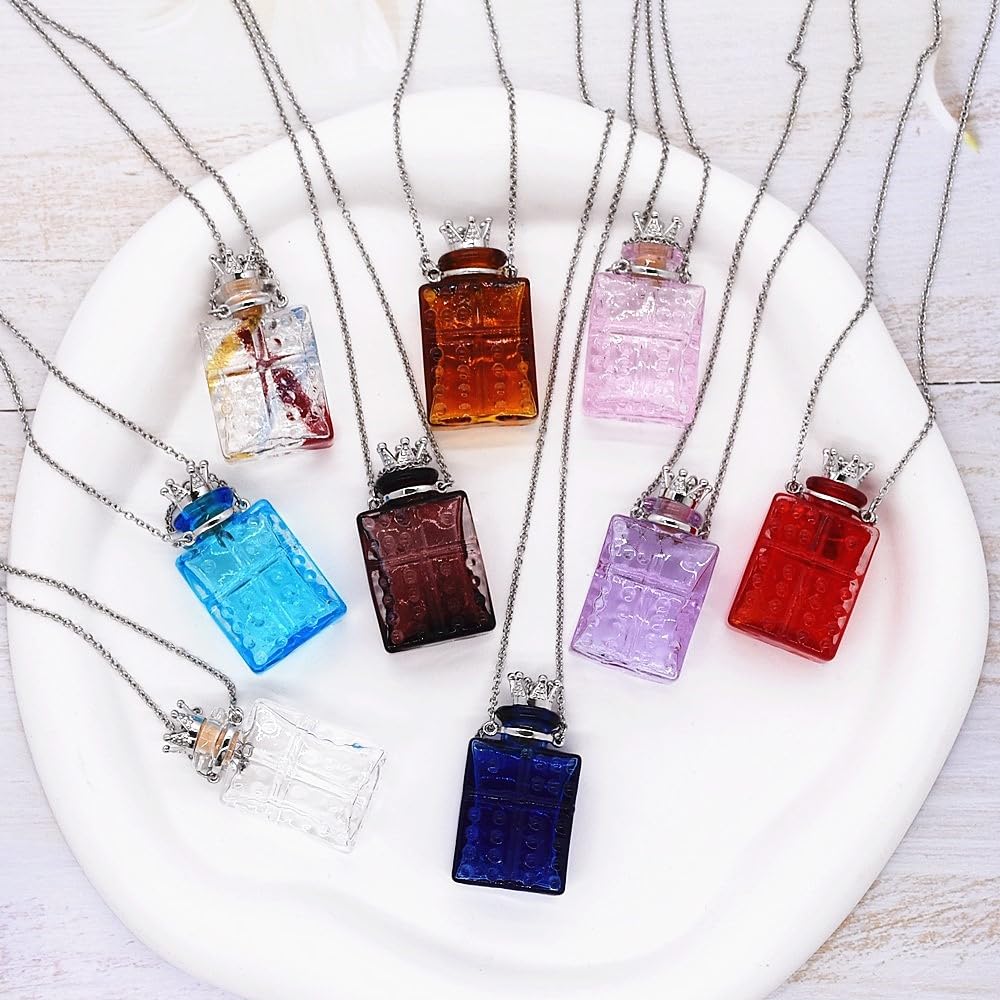 Handcrafted Glaze Glass Square Refillable Essential Oil Necklace Pendant - Aromatherapy Perfume Diffuser Pendant with Stainless Steel Chain (Red)