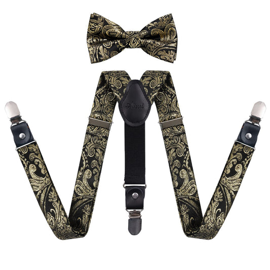 Alizeal Boys Adjustable Floral Paisley Pre-tied Bow Tie and Elastic Y Shape 3 Clips Suspenders Set, Black Gold