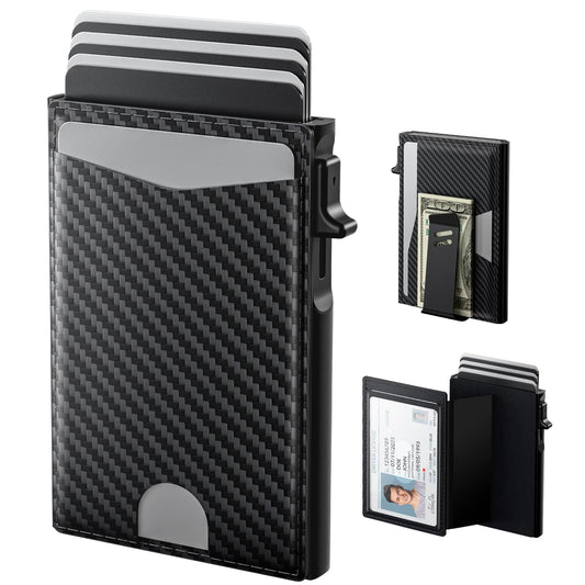 typecase Slim Wallet for Men, Minimalist RFID Blocking Wallet with Money Clip & ID Window, Genuine Leather Pop Up Card Holder, Front Pocket Wallet Men Gifts, Holds 8 Cards (Carbon Fiber)