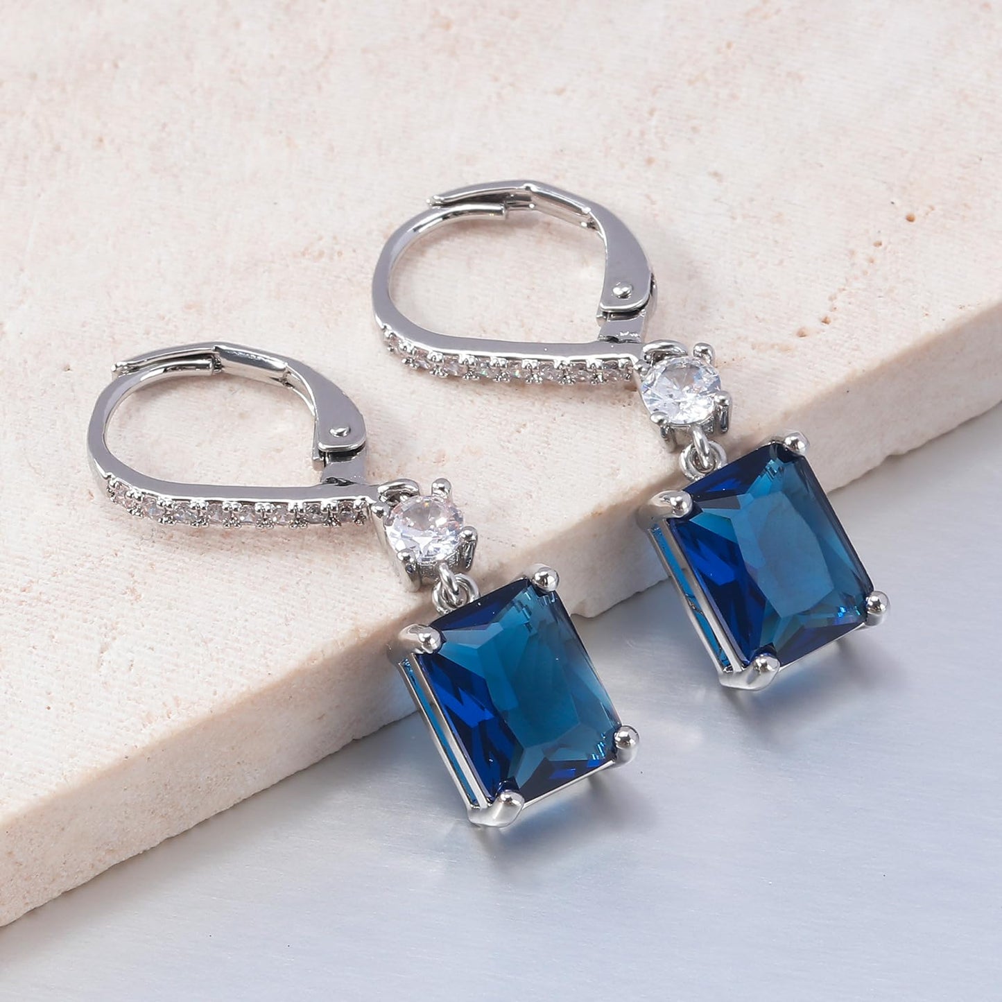 CiNily Leverback Earrings for Women Rectangular-cut Drop Dangle Earrings Hypoallergenic, 14K White Gold Plated Navy Blue Cubic Zircon Earrings Diamond Dangle Earrings Jewelry for Sensitive Ear