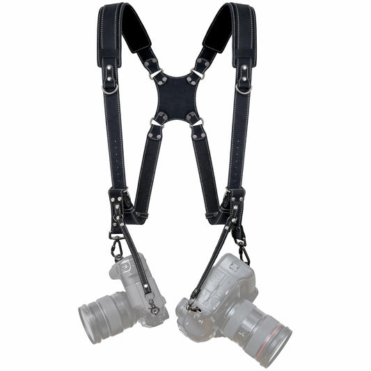 Padwa Lifestyle Black Frosted Dual Camera Harness Strap with Padded for Two Cameras -Full Grain Leather Dual Camera Harness,Multi Camera Gear for DSLR/SLR Strap,Double Camera Harness for Photographers