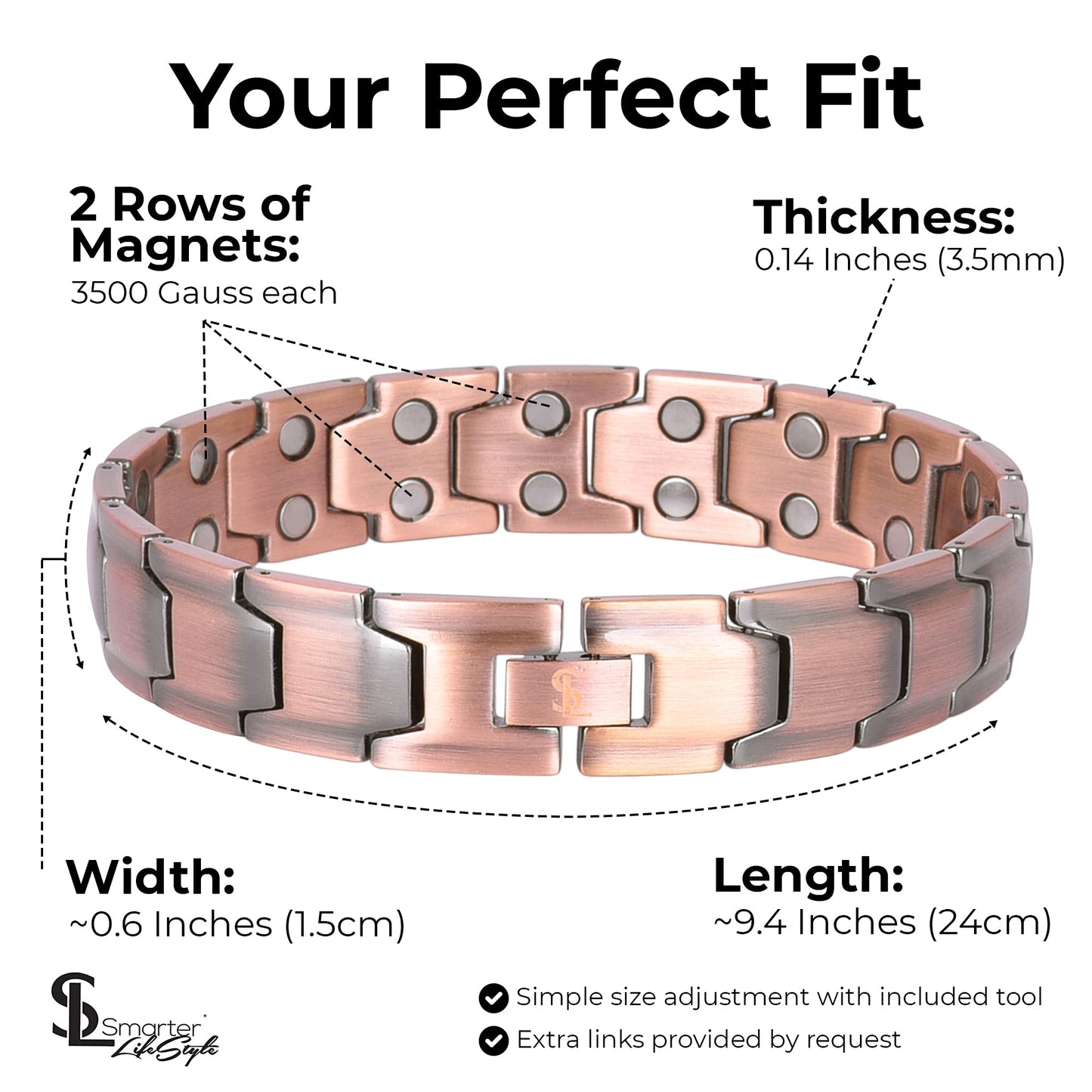 Smarter LifeStyle Extra Strength Copper Magnetic Bracelet for Men - Adjustable Bracelet Length with Sizing Tool for Perfect Fit, Magnetic Bracelets for Men, Mens Copper Bracelet