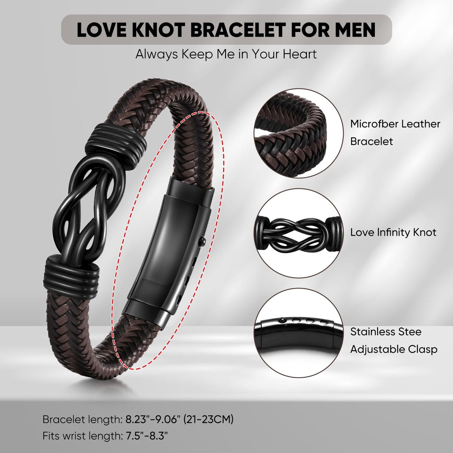 VNOX Love Knot Bracelet for Men - Cutsom Name Handmade Braided Leather Bracelets Brown Leather Cuff with Infinity Knot Gift for Men Husband Boyfriend