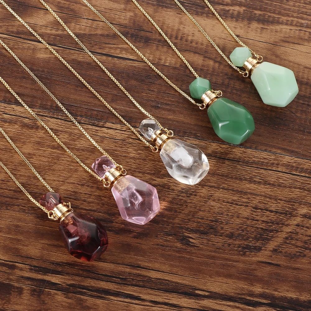 14K Yellow Gold Natural Stone Vial Necklace For Women - Glass Pendant Water Drop Jar Perfume Jewelry - Container For Liquid Oil Diffuser