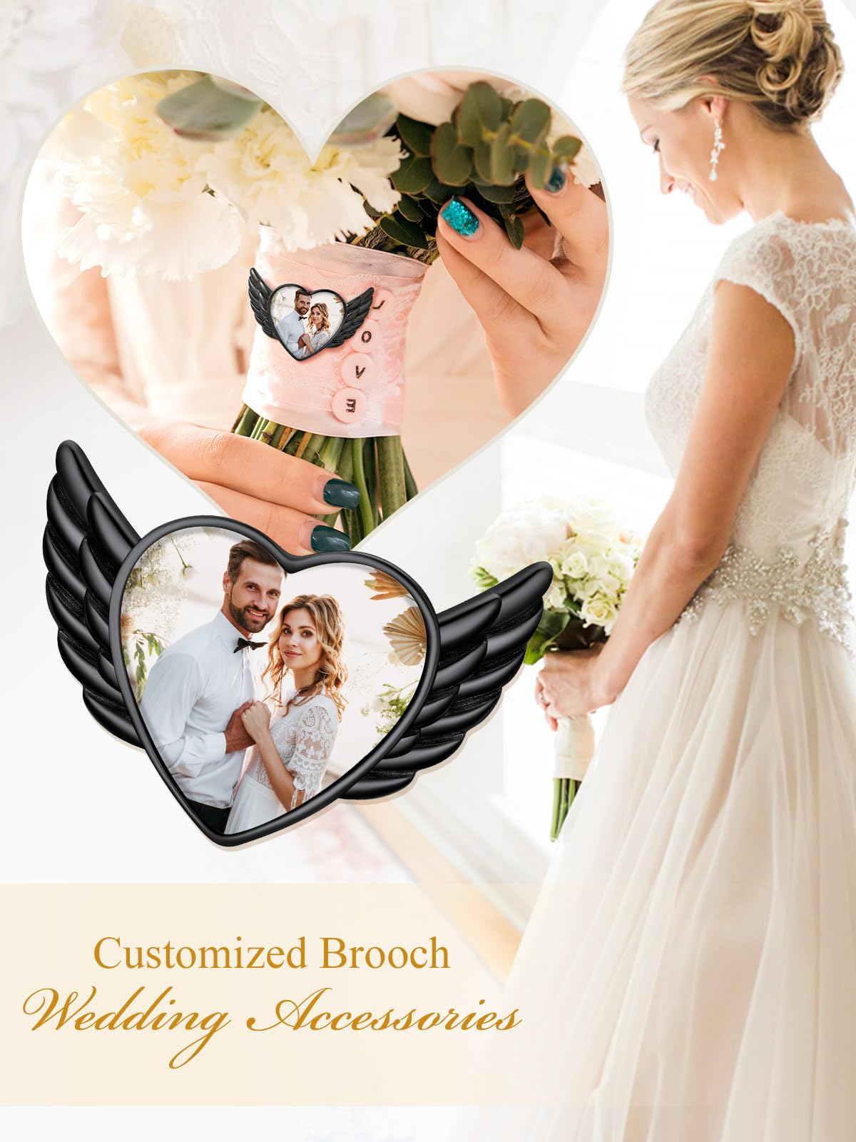 Custom4U Angel Wings Picture Broochs Wedding Bouquet Pin for Bride Name Engraved Memorial Charm for Women Men Father