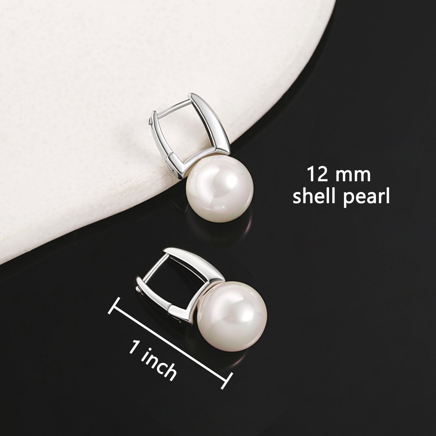 12mm Shell Pearl Drop Earrings, Simple Silver Plated Square Hoop Earrings, Dainty Wedding Jewelry for Bridal