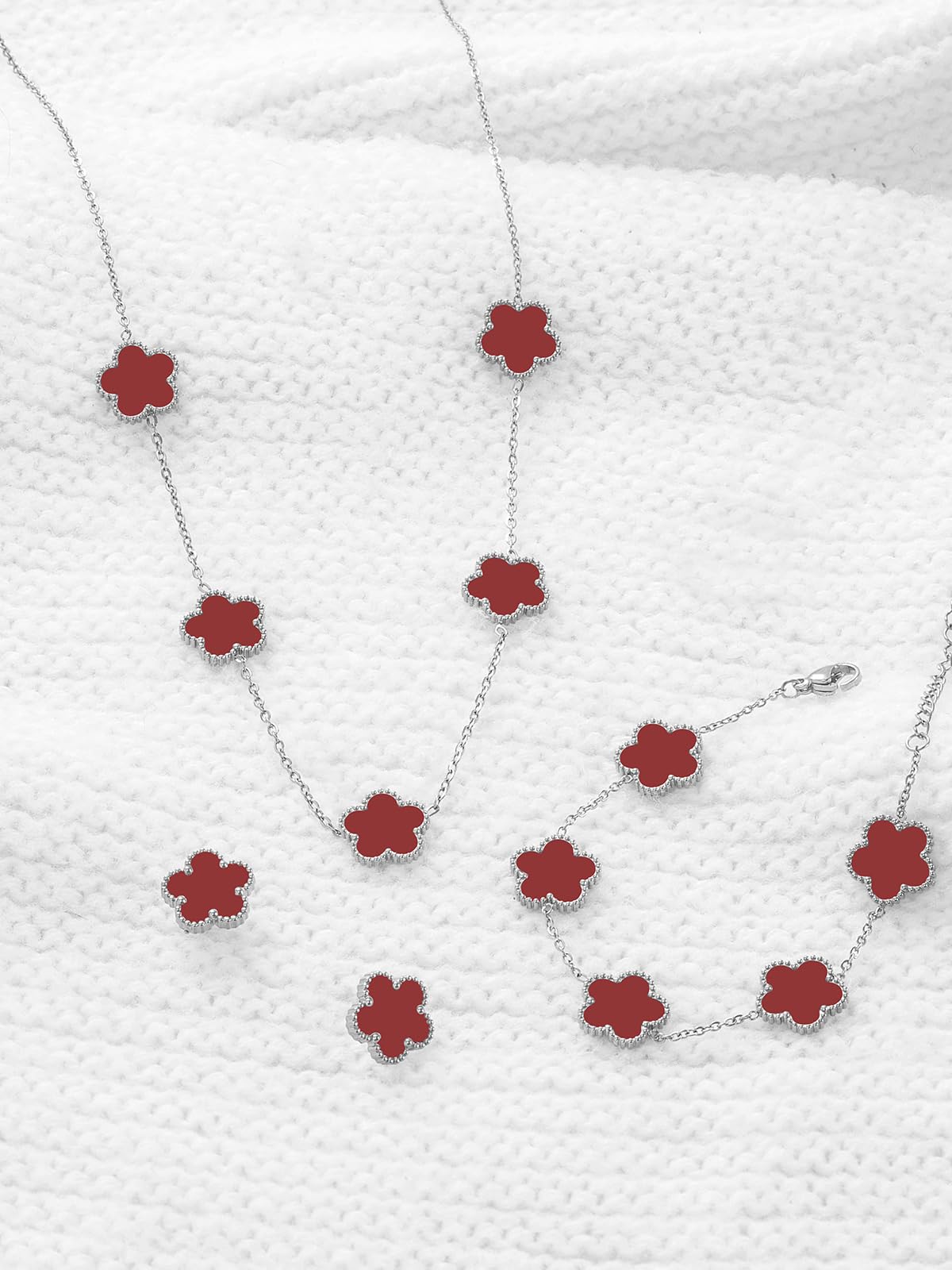 Qinpan Five Leaf Clover Necklace Bracelet and Stud Set for Women Lucky Flower Jewelry (Burgundy-Stainless Steel)