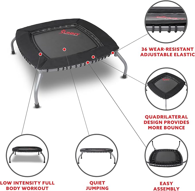 Sunny Health & Fitness Springless Mini Fitness Trampoline ??Premium Adjustable Bungee-Style Indoor/Outdoor Exercise Rebounder for Quieter and Safer Workouts