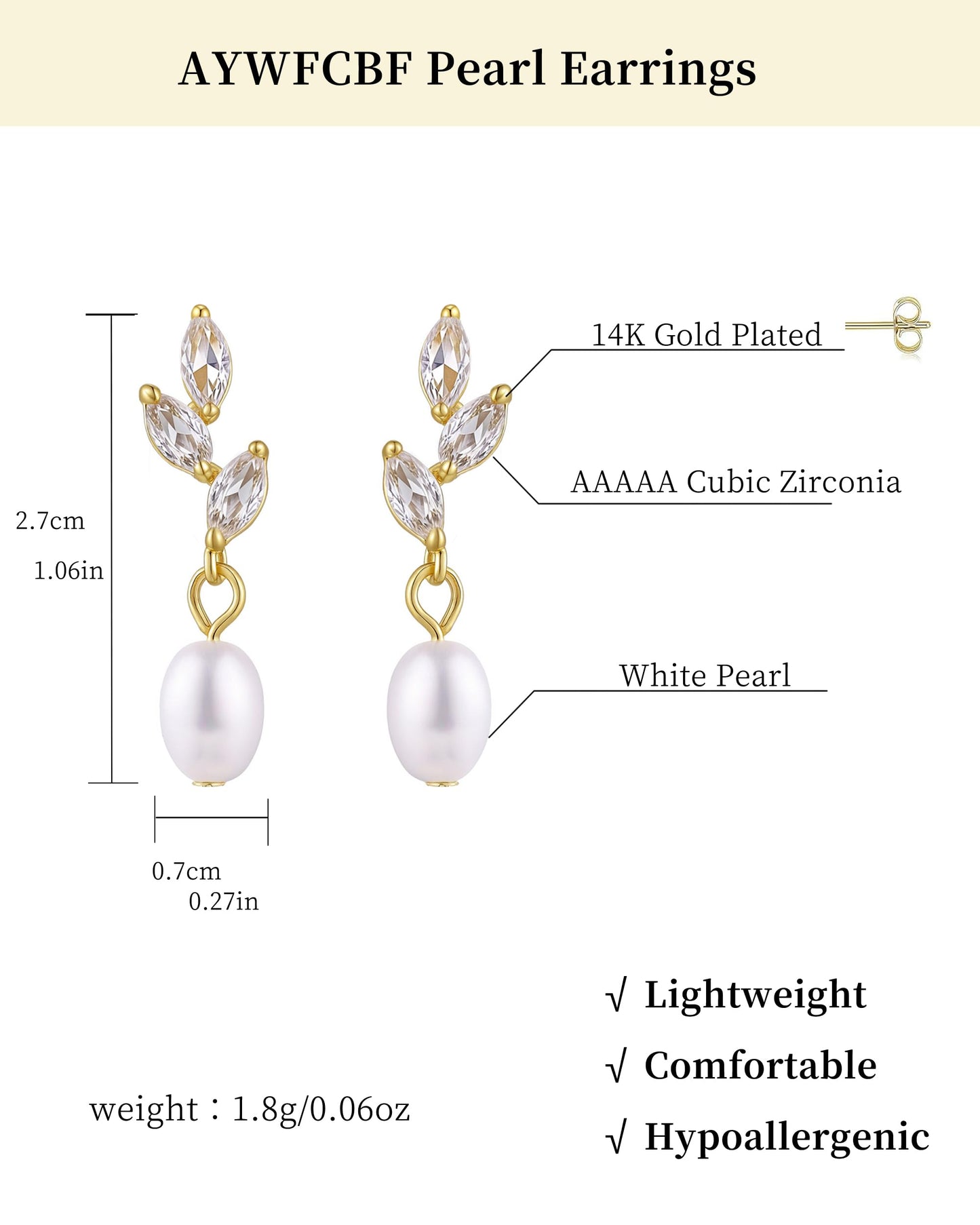 Pearl Drop Earrings for Women, 14k Gold Plated Trendy Pearl Diamond Earrings Bridal Shower Gifts Wedding jewelry for Women