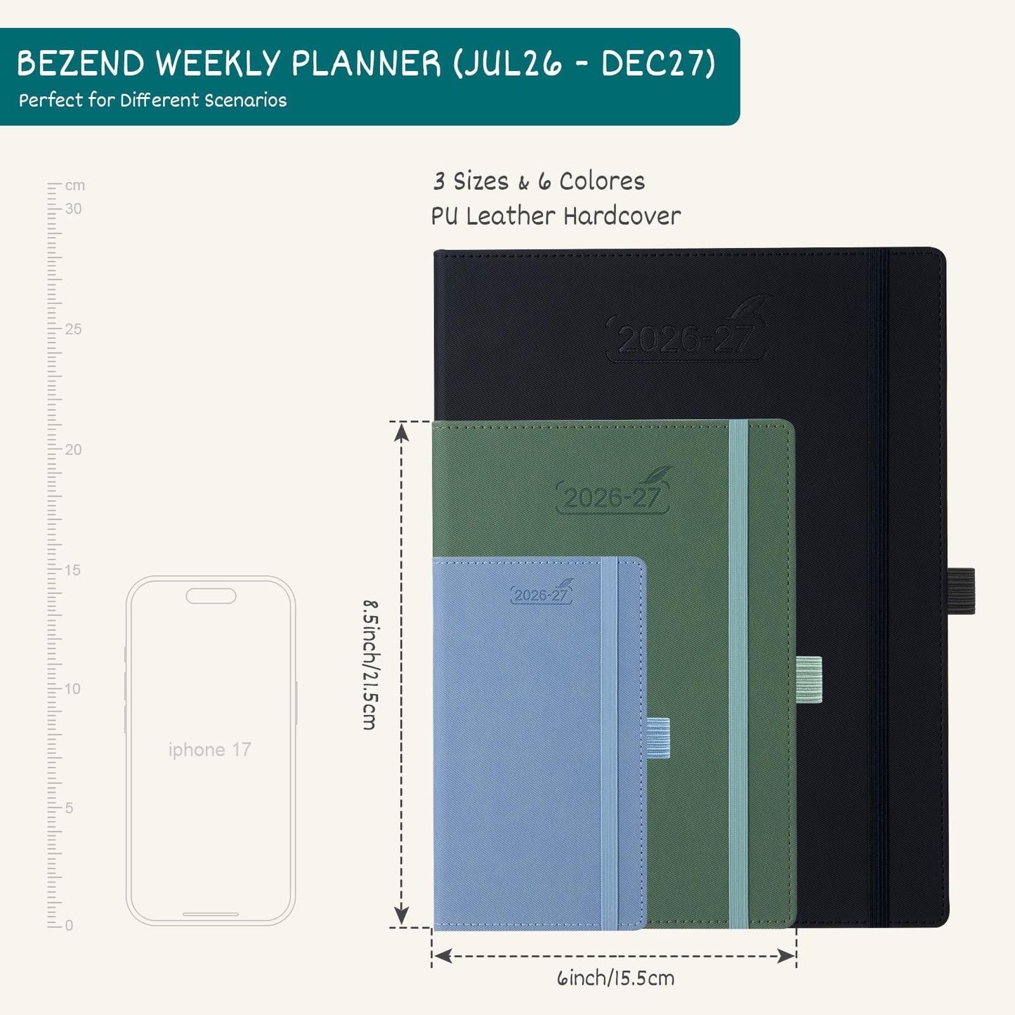 BEZEND Weekly Planner 2026-2027 (6" x 8.5") Horizontal Layout Notebook (Jul 26-Dec 27) 18 Months Academic Calendar & Monthly Tabs, Ideal for Students, Work & Home, PU Leather Hardcover -Black