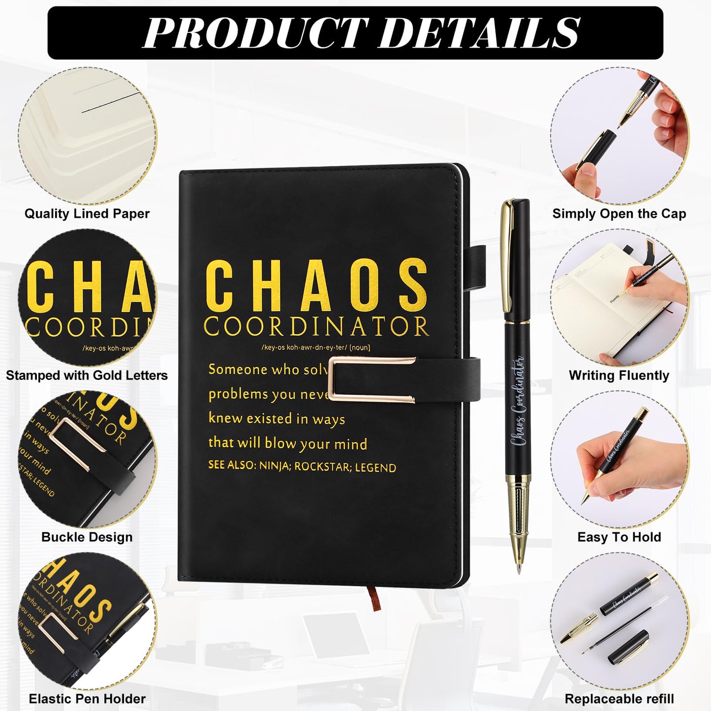 Jetec 2 Pcs Chaos Coordinator Gift Set A5 Leather Journal Notebook Ballpoint Pen Thank You Gift Male Teacher Gifts for Men Teacher Women Manager Employee Doctor(Black)