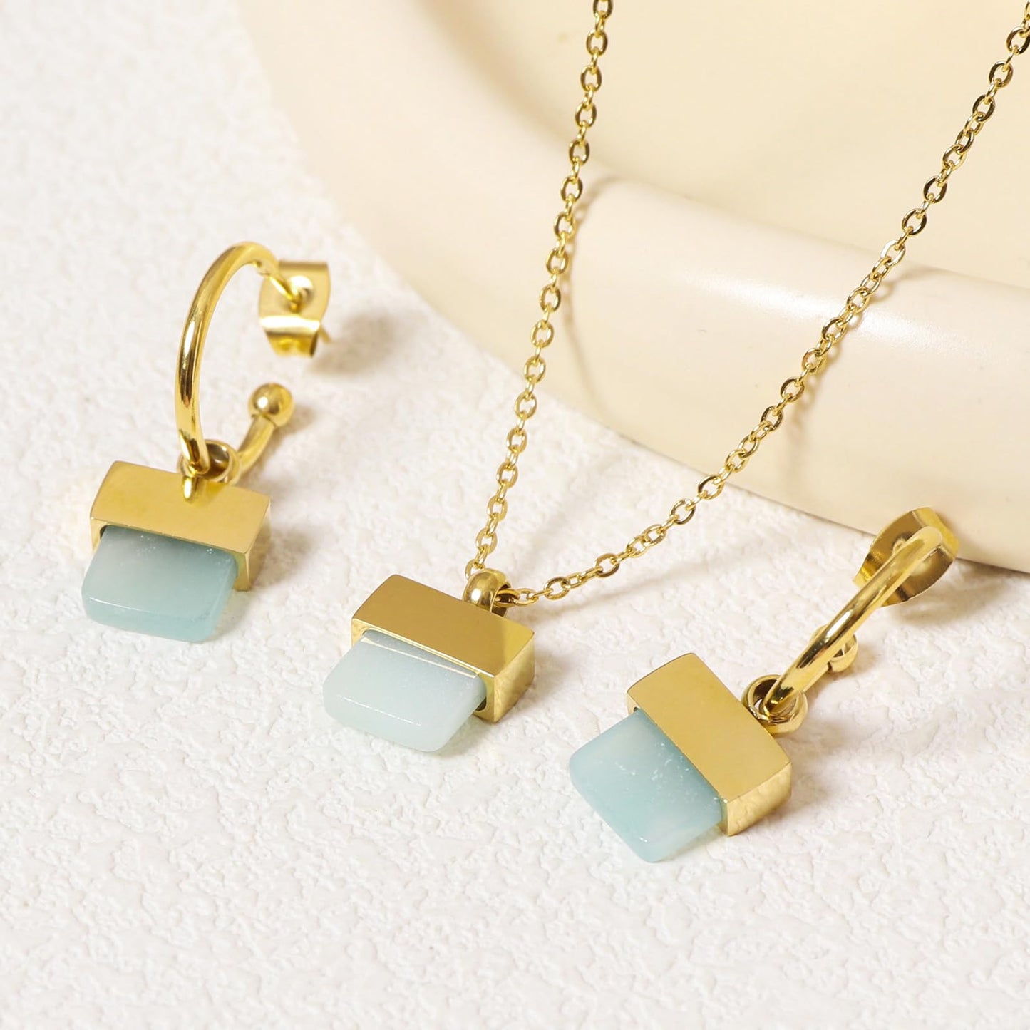 TaYolnFaSo Natural Amazonite Necklace and Earrings Set for Women 18K Gold Plated Amazonite Jewelry Set Square Gemstone Jewelry Gift