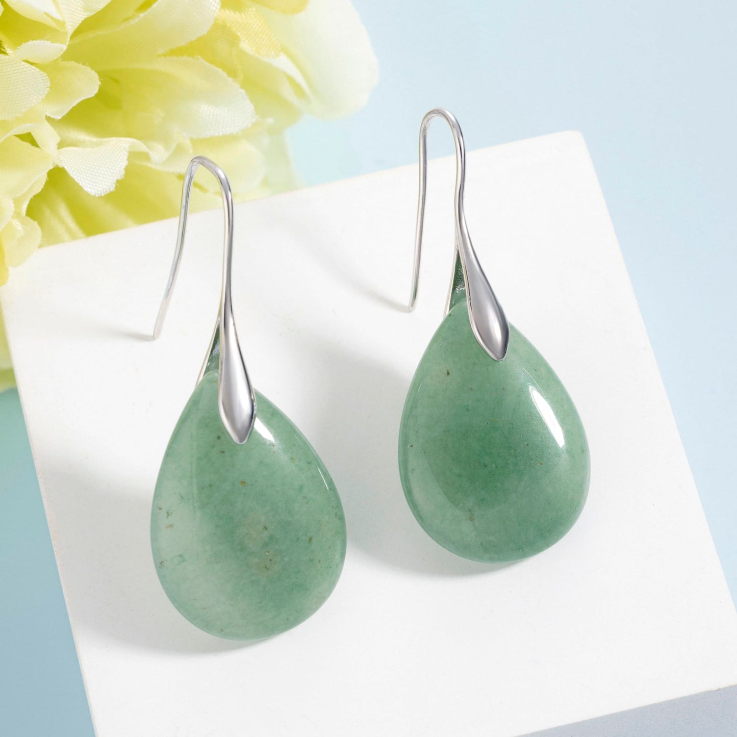 SELOVO Green Aventurine Teardrop Agate Stone Fishhook Dangle Drop Earrings Silver Tone