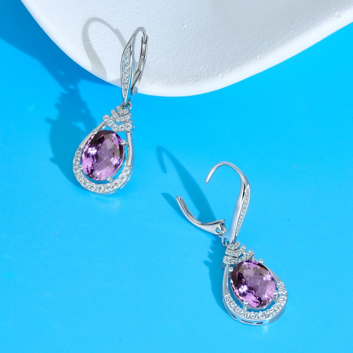 Purple Amethyst Earrings for Women S925 Sterling Silver June Birthstone Dangle Earrings Sparkling Teardrop Leverback Drop Earring Amethyst Evening Party Jewelry Birthday Gifts for Mom