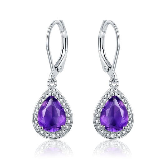 Barzel 18K White Gold Plated Created Amethyst Drop Earrings With CZ Accent (Amethyst)