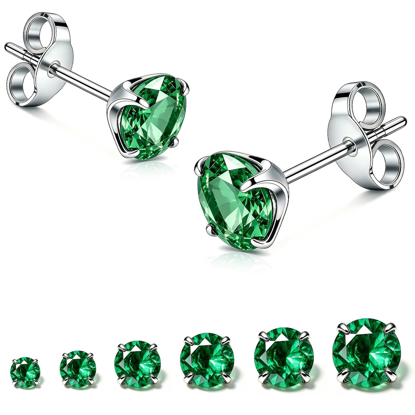 LNIEER 6 Pairs Surgical Steel Stud Earrings for Women, Hypoallergenic Fashion Earring Set, Premium Cubic Zirconia Studs Earrings 3-8mm (Emerald CZ)