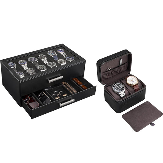 ProCase Black 12 Slot Watch Box and Black 2-Slot Watch Travel Case Bundle, 2-Tier Pull-Out Drawer Organizer, Clear Top Display Lid, Jewelry and Sunglasses Storage, Portable PU Leather Watch Holder